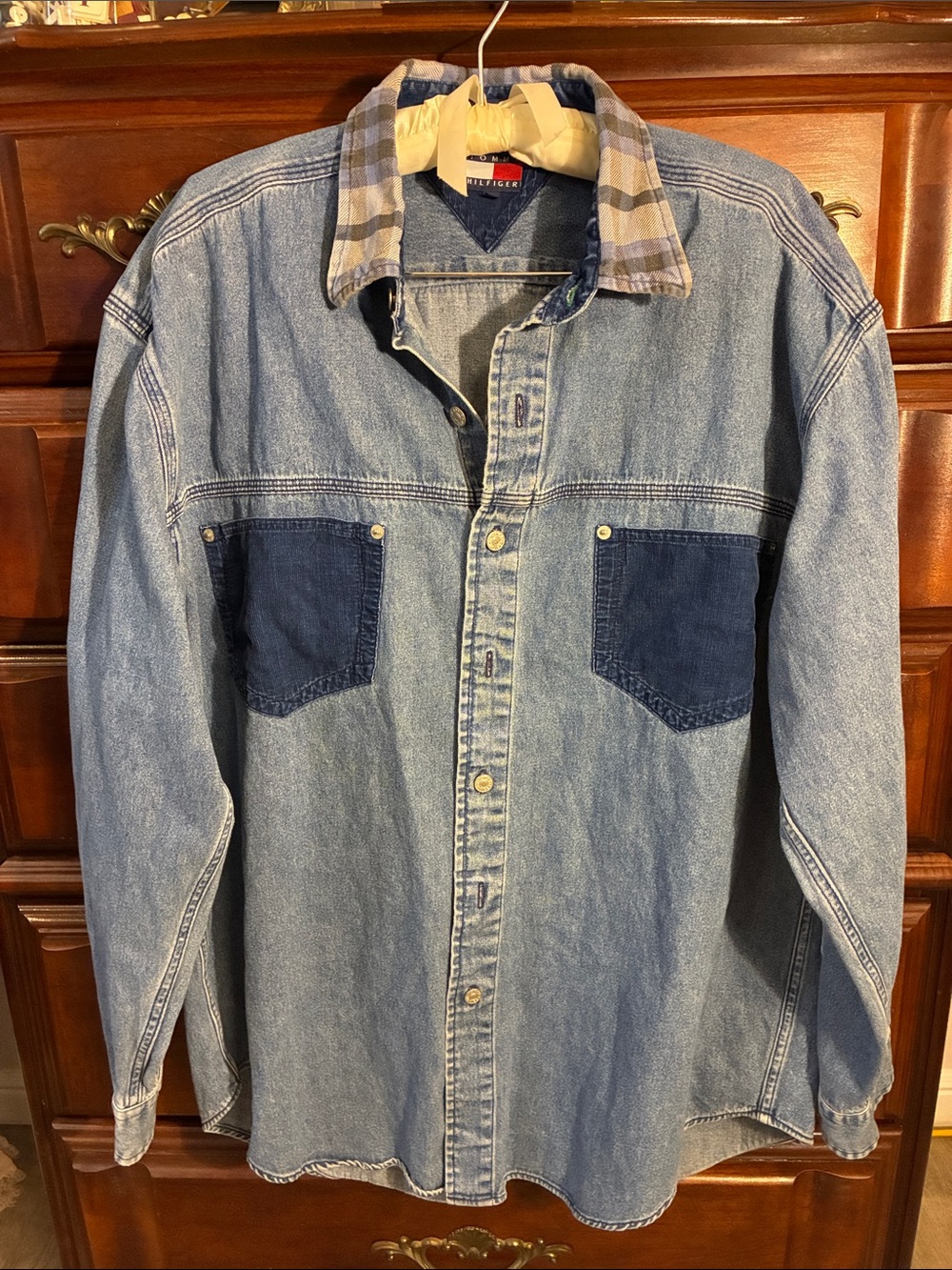 Vintage Tommy Hilfiger Patchwork Denim Button-Up Shirt Plaid Collar Men’s L